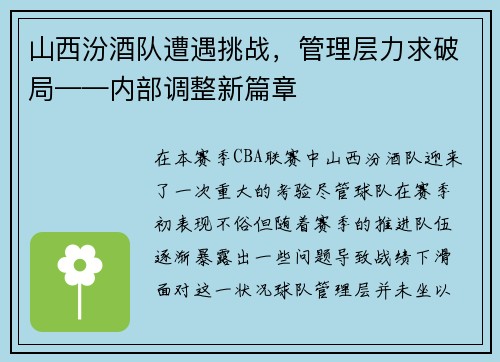 山西汾酒队遭遇挑战，管理层力求破局——内部调整新篇章