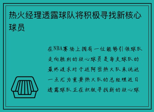 热火经理透露球队将积极寻找新核心球员